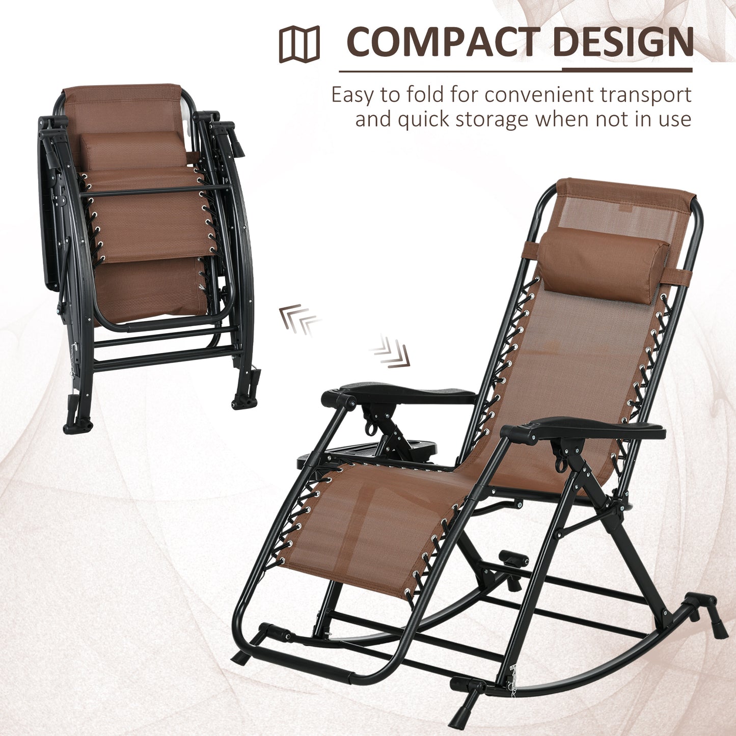 Premium Outdoor Zero Gravity Rocking Chair Set — Two Espresso Brown Lounges with Side Trays