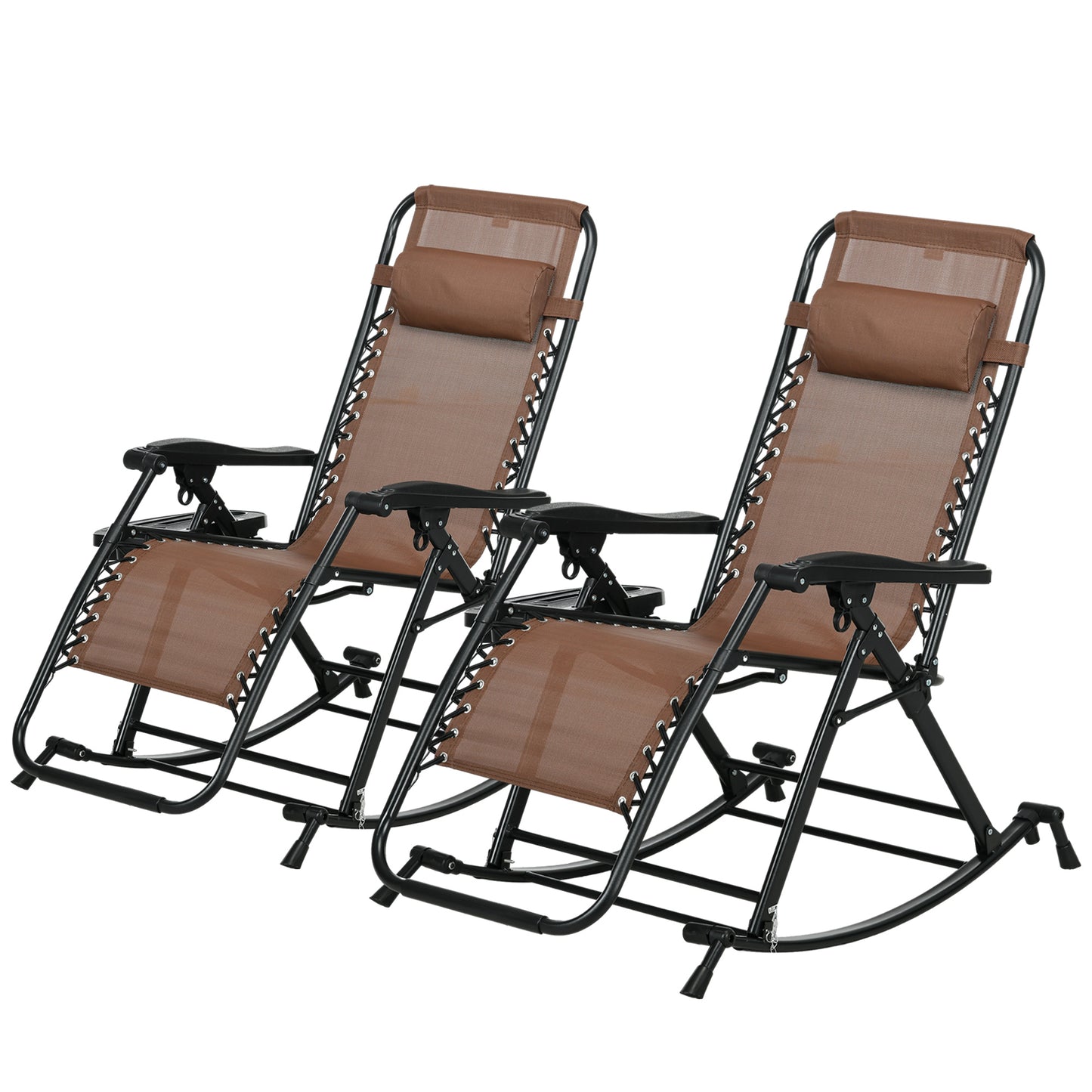 Premium Outdoor Zero Gravity Rocking Chair Set — Two Espresso Brown Lounges with Side Trays