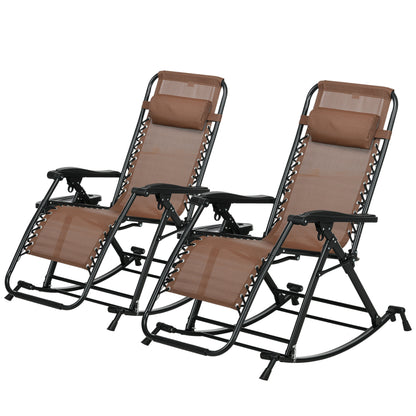 Premium Outdoor Zero Gravity Rocking Chair Set — Two Espresso Brown Lounges with Side Trays