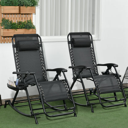 Premium Outdoor Zero Gravity Rocking Chair Set — Two Midnight Black Lounges with Side Trays