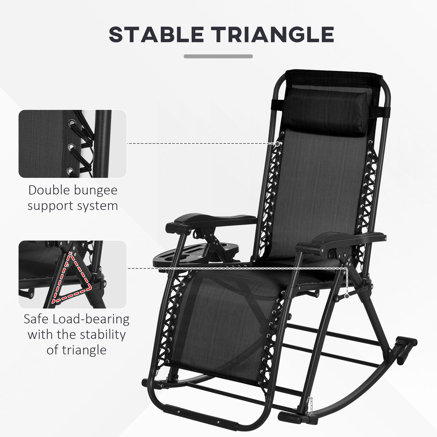Premium Outdoor Zero Gravity Rocking Chair Set — Two Midnight Black Lounges with Side Trays