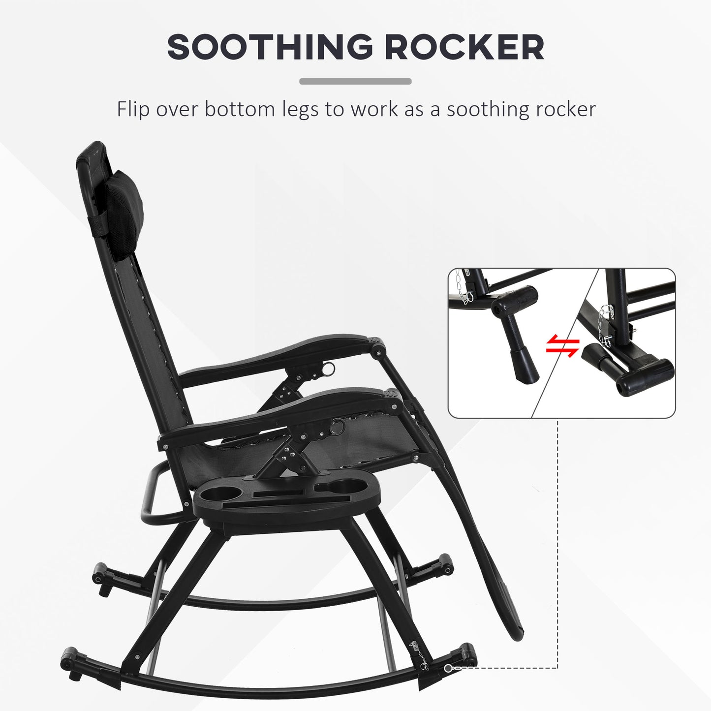 Premium Outdoor Zero Gravity Rocking Chair Set — Two Midnight Black Lounges with Side Trays