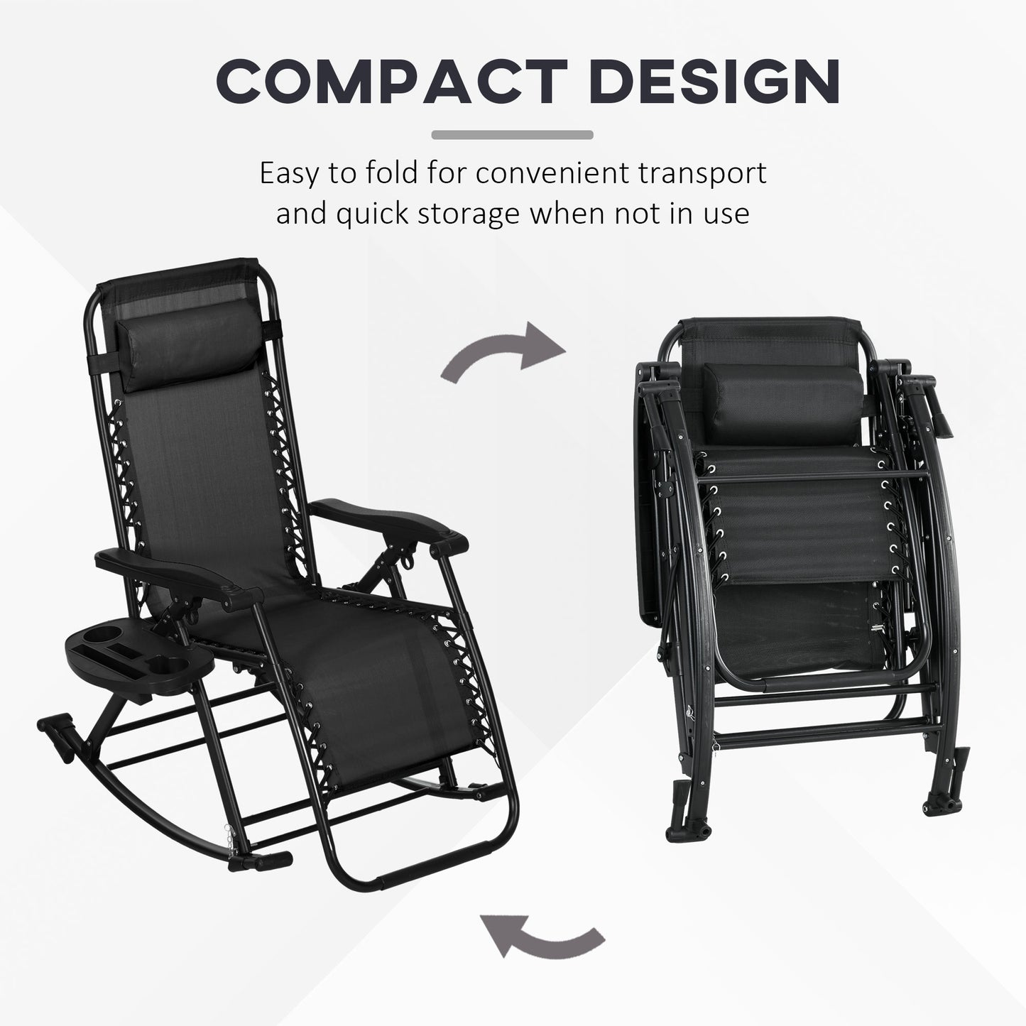 Premium Outdoor Zero Gravity Rocking Chair Set — Two Midnight Black Lounges with Side Trays