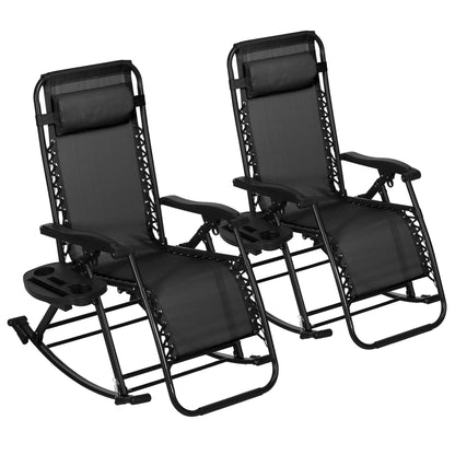 Premium Outdoor Zero Gravity Rocking Chair Set — Two Midnight Black Lounges with Side Trays