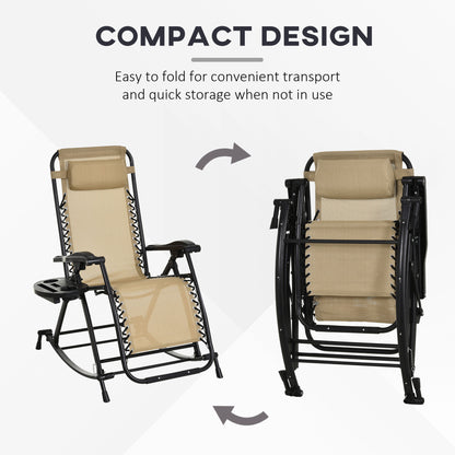 Premium Outdoor Zero Gravity Rocking Chair Set — Two Sand Beige Lounges with Side Trays