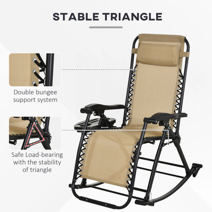 Premium Outdoor Zero Gravity Rocking Chair Set — Two Sand Beige Lounges with Side Trays