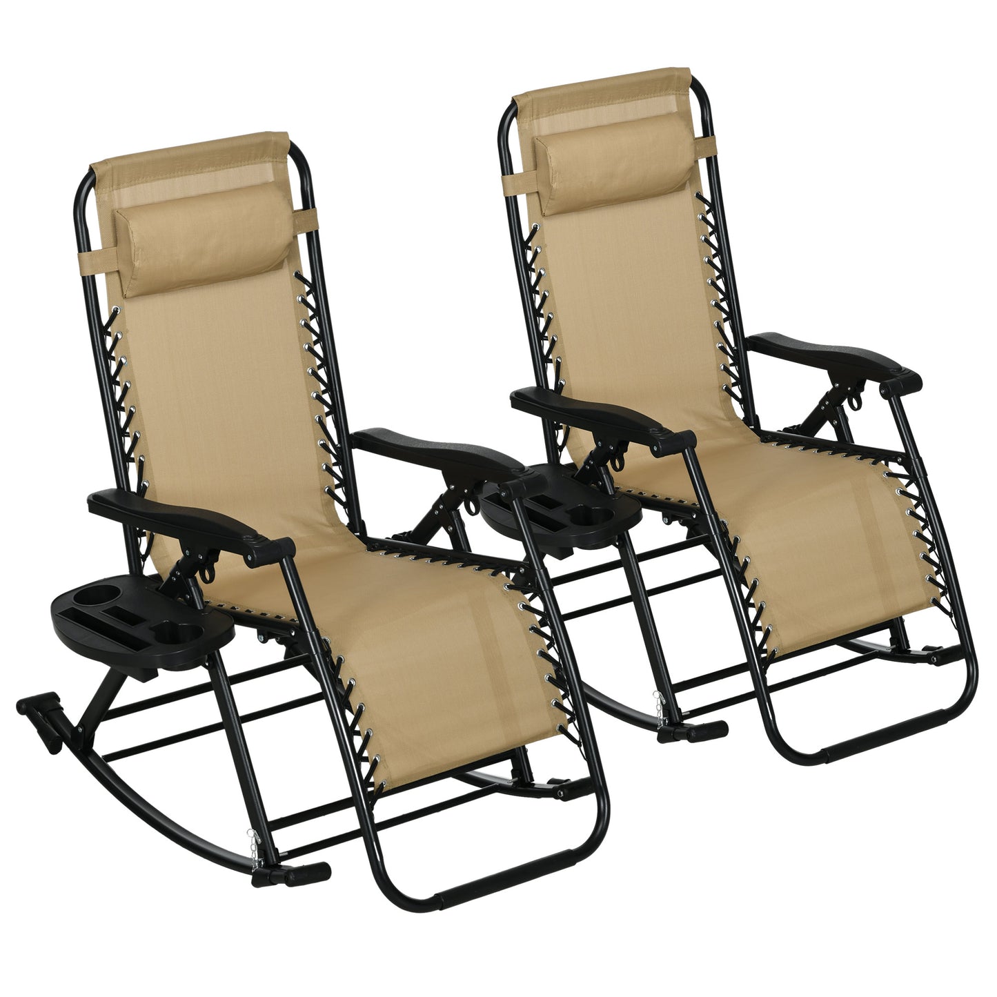 Premium Outdoor Zero Gravity Rocking Chair Set — Two Sand Beige Lounges with Side Trays