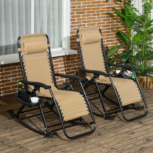 Premium Outdoor Zero Gravity Rocking Chair Set — Two Sand Beige Lounges with Side Trays