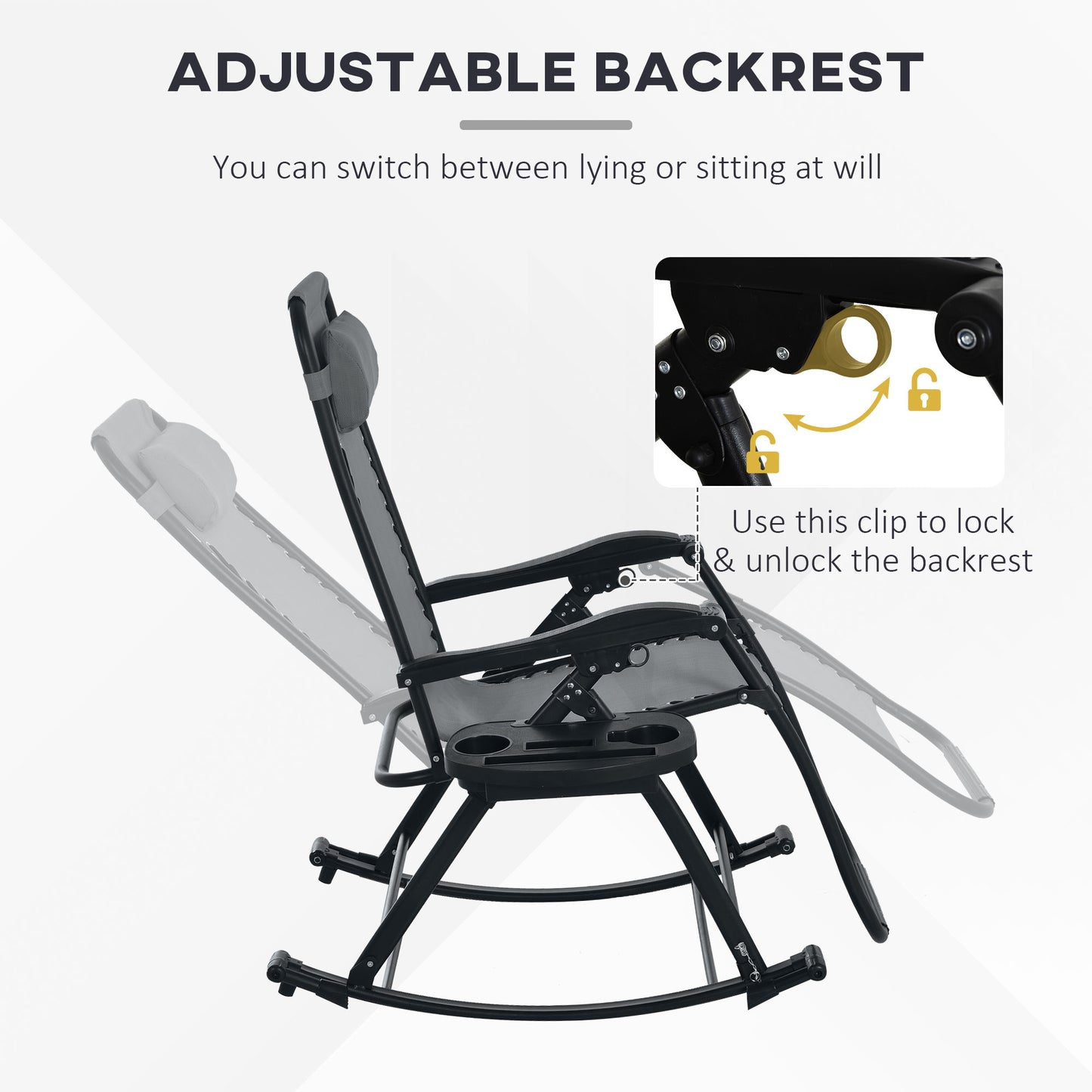 Premium Outdoor Zero Gravity Rocking Chair Set — Two Steel Gray Lounges with Side Trays