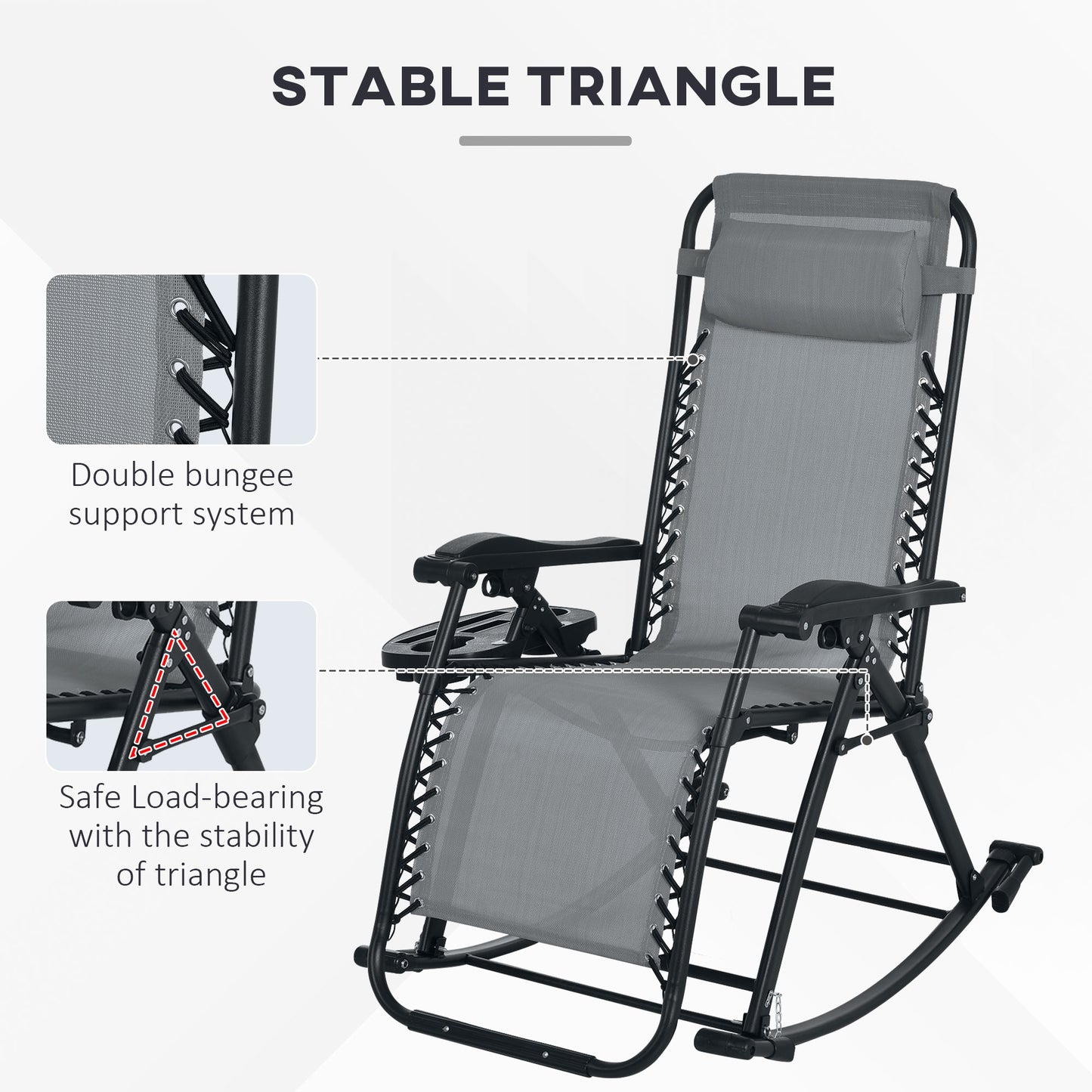 Premium Outdoor Zero Gravity Rocking Chair Set — Two Steel Gray Lounges with Side Trays