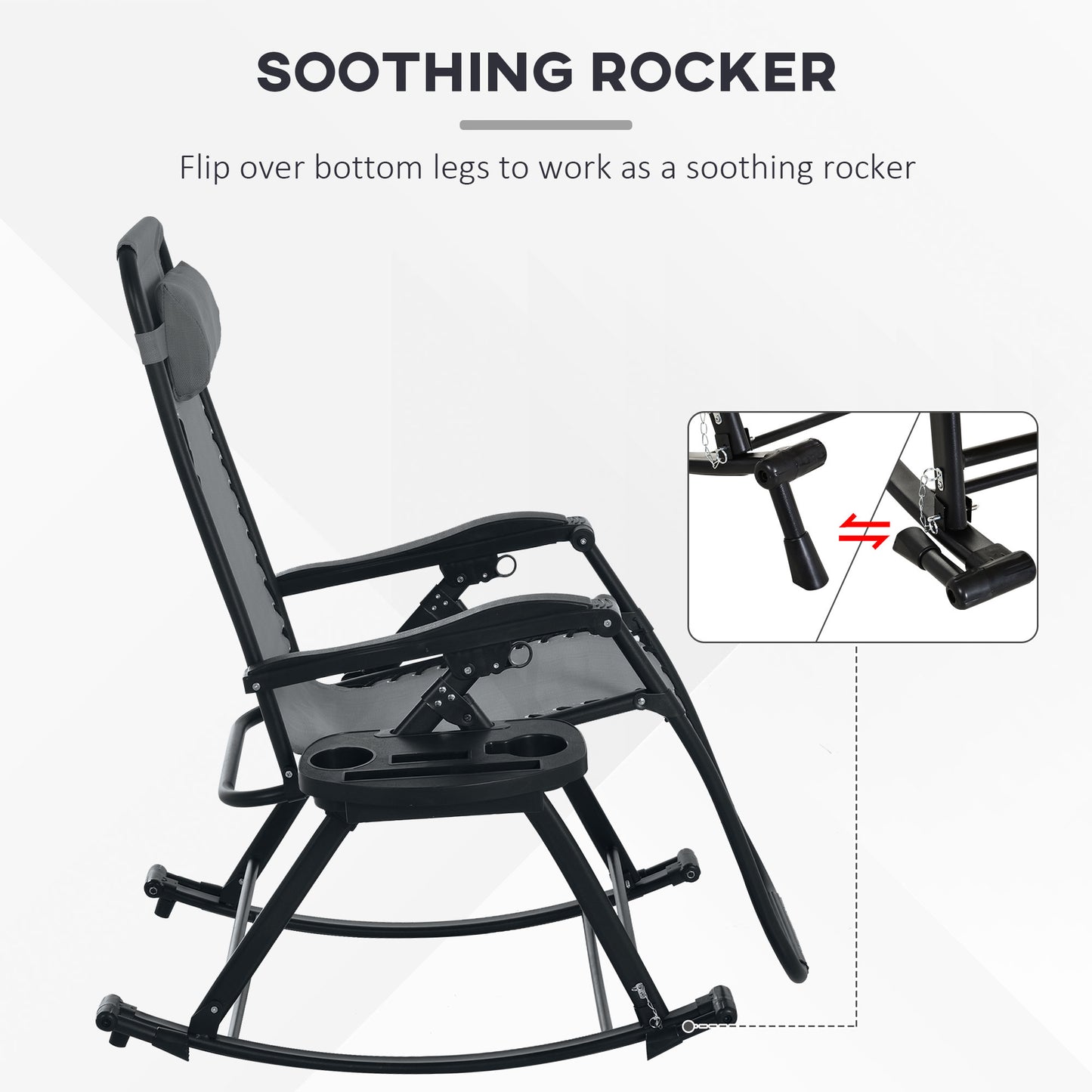 Premium Outdoor Zero Gravity Rocking Chair Set — Two Steel Gray Lounges with Side Trays