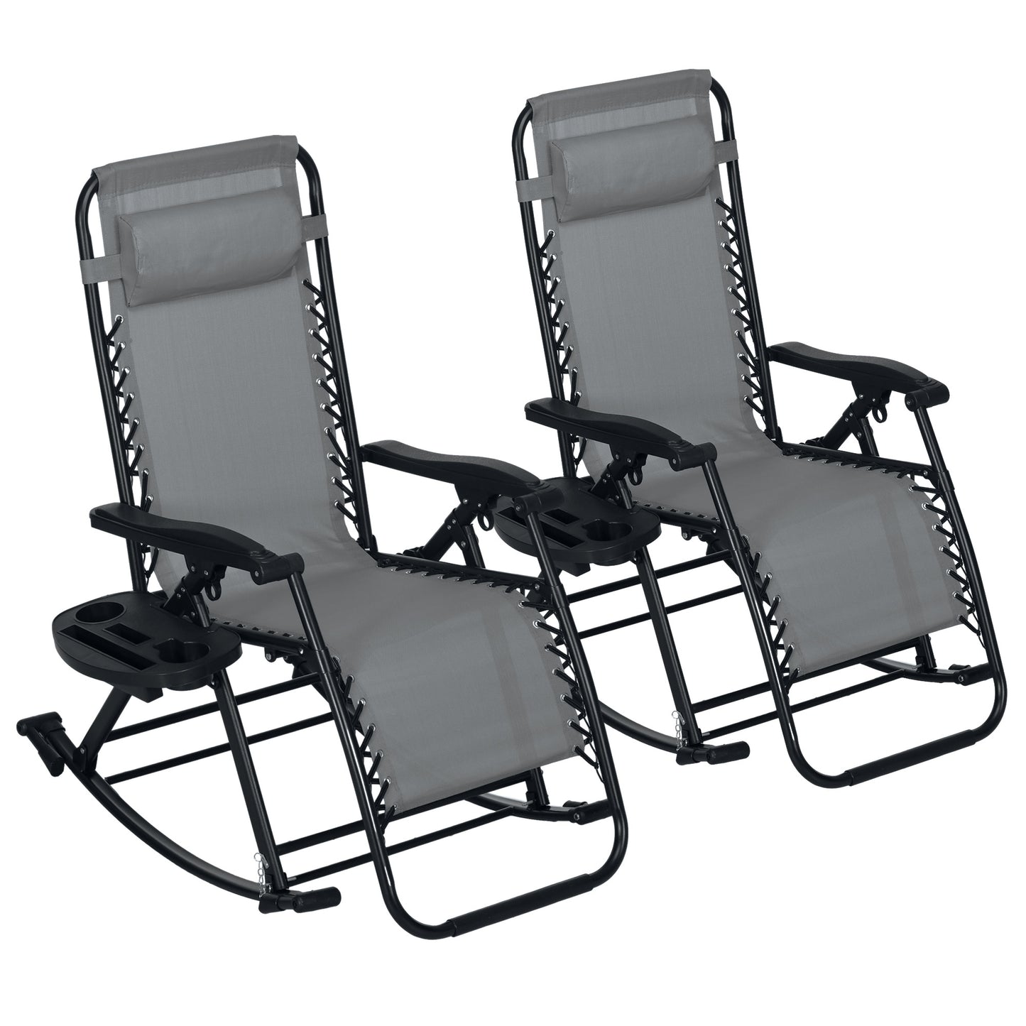Premium Outdoor Zero Gravity Rocking Chair Set — Two Steel Gray Lounges with Side Trays