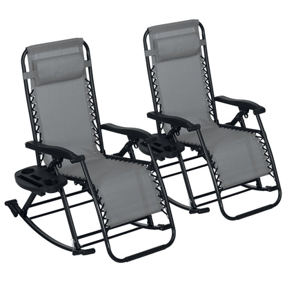 Premium Outdoor Zero Gravity Rocking Chair Set — Two Steel Gray Lounges with Side Trays