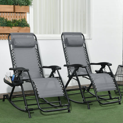 Premium Outdoor Zero Gravity Rocking Chair Set — Two Steel Gray Lounges with Side Trays