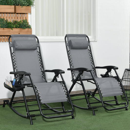 Premium Outdoor Zero Gravity Rocking Chair Set — Two Steel Gray Lounges with Side Trays