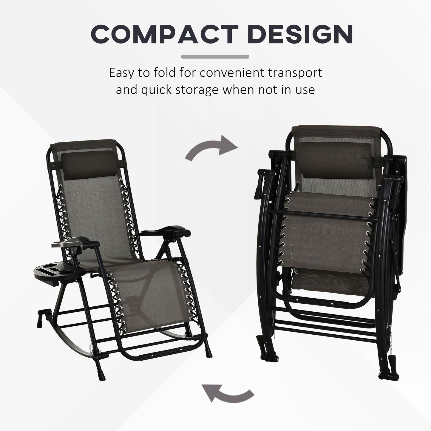 Steel gray zero gravity rocking chair with integrated side tray, shown unfolded and compactly folded.