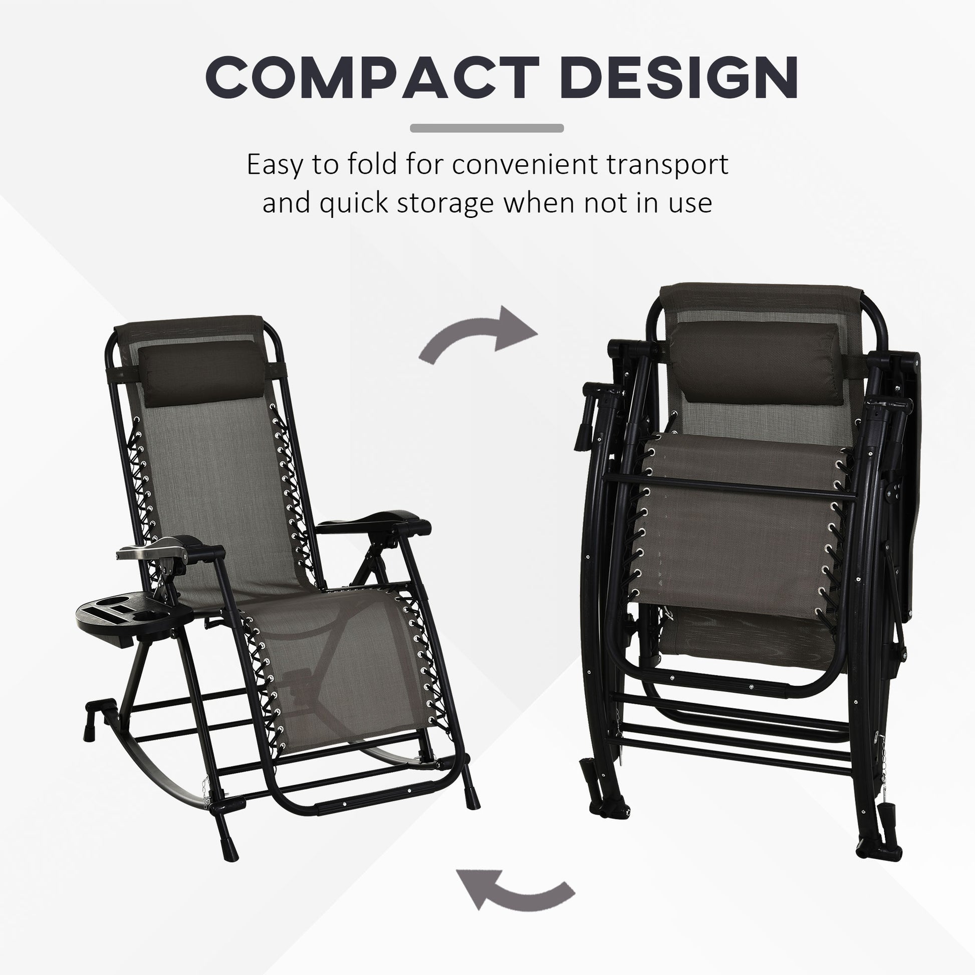 Steel gray zero gravity rocking chair with integrated side tray, shown unfolded and compactly folded.
