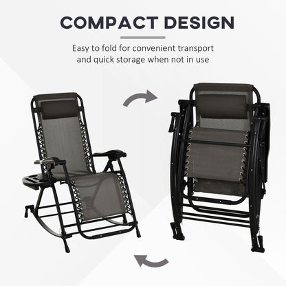 Steel gray zero gravity rocking chair with integrated side tray, shown unfolded and compactly folded.
