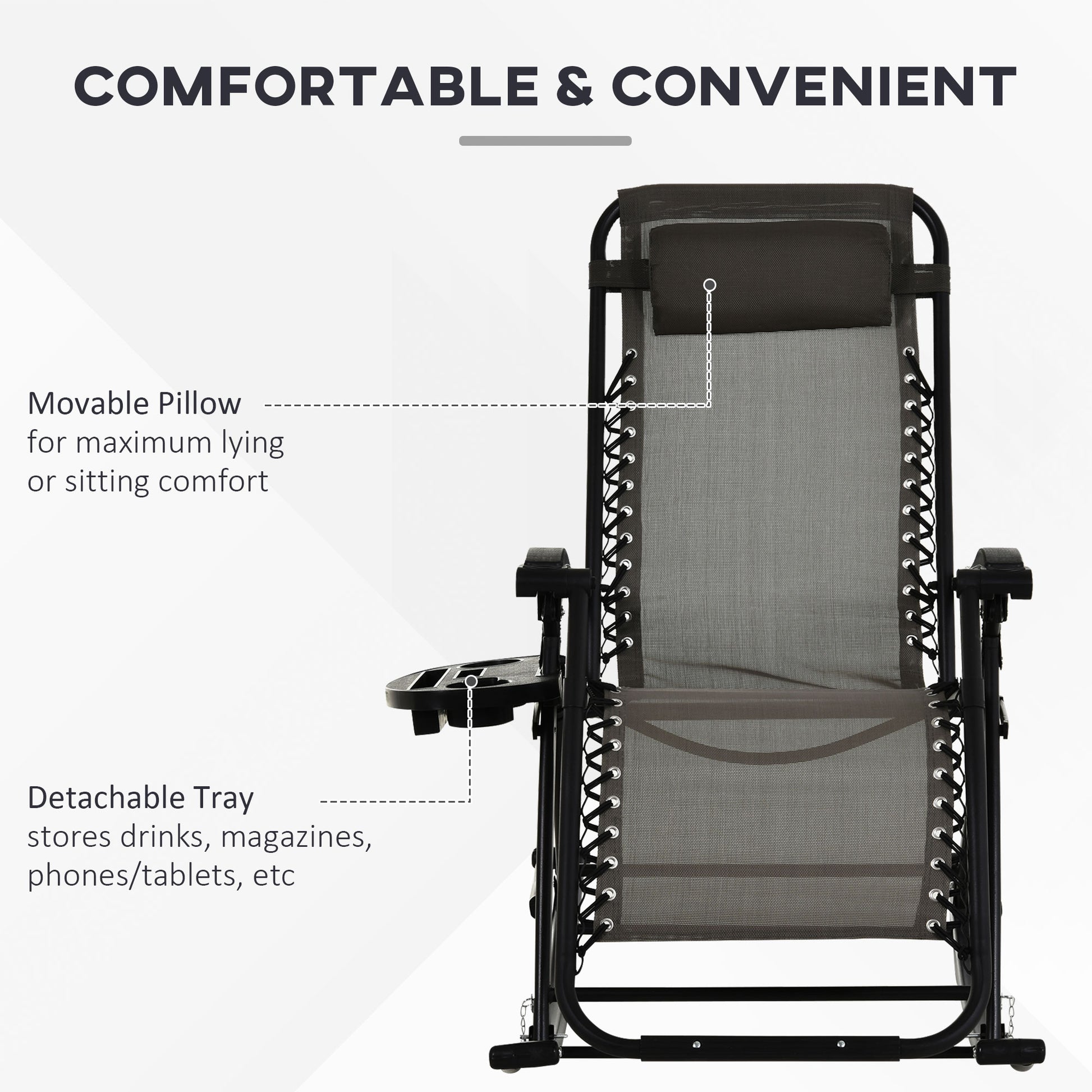 Steel gray zero gravity rocking chair with black frame, movable pillow, and detachable side tray.