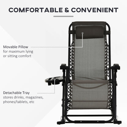 Steel gray zero gravity rocking chair with black frame, movable pillow, and detachable side tray.
