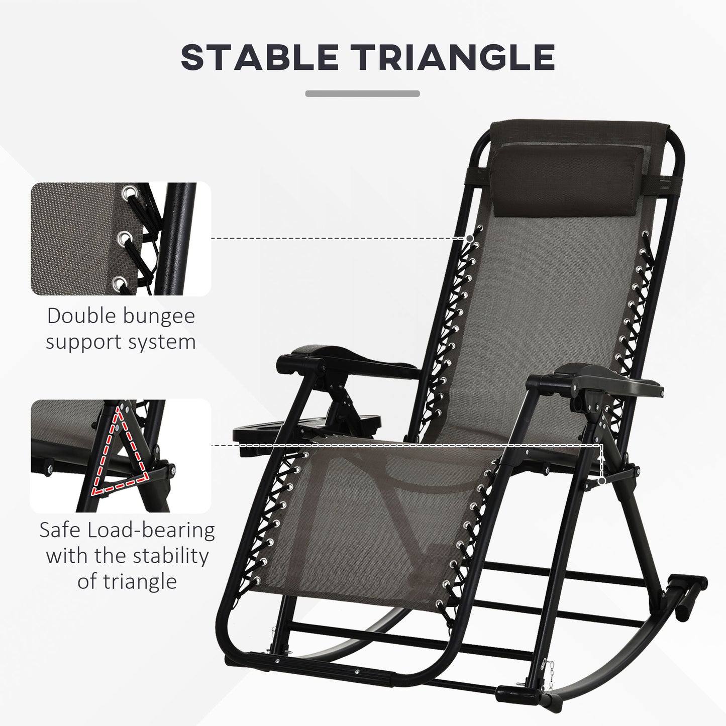 Steel gray zero gravity rocking chair with black frame, double bungee support, and integrated side tray.