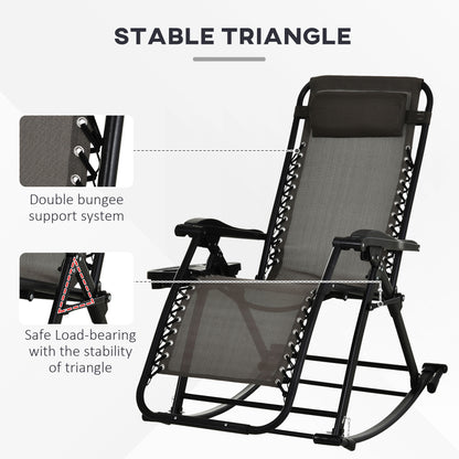 Steel gray zero gravity rocking chair with black frame, double bungee support, and integrated side tray.