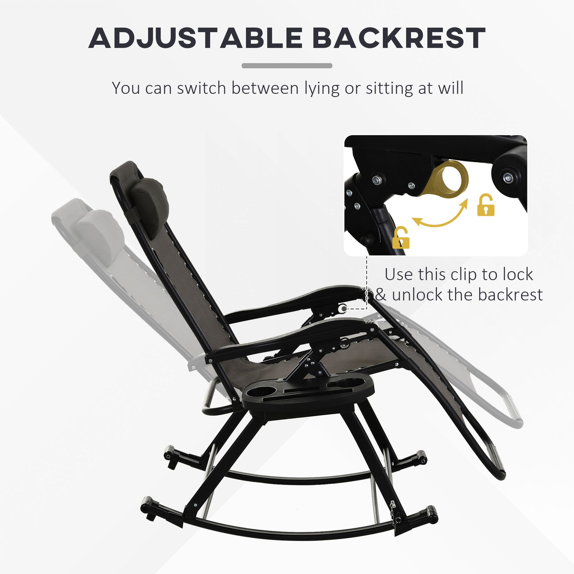Steel gray zero gravity rocking chair with adjustable backrest, head pillow, and integrated side tray.
