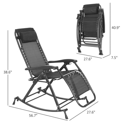 Steel gray zero gravity rocking chair with black mesh fabric, pillow, and dimensions shown.