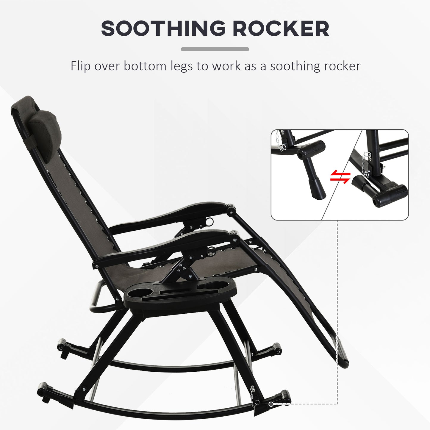 Steel gray zero gravity rocking chair with integrated side tray and adjustable headrest.