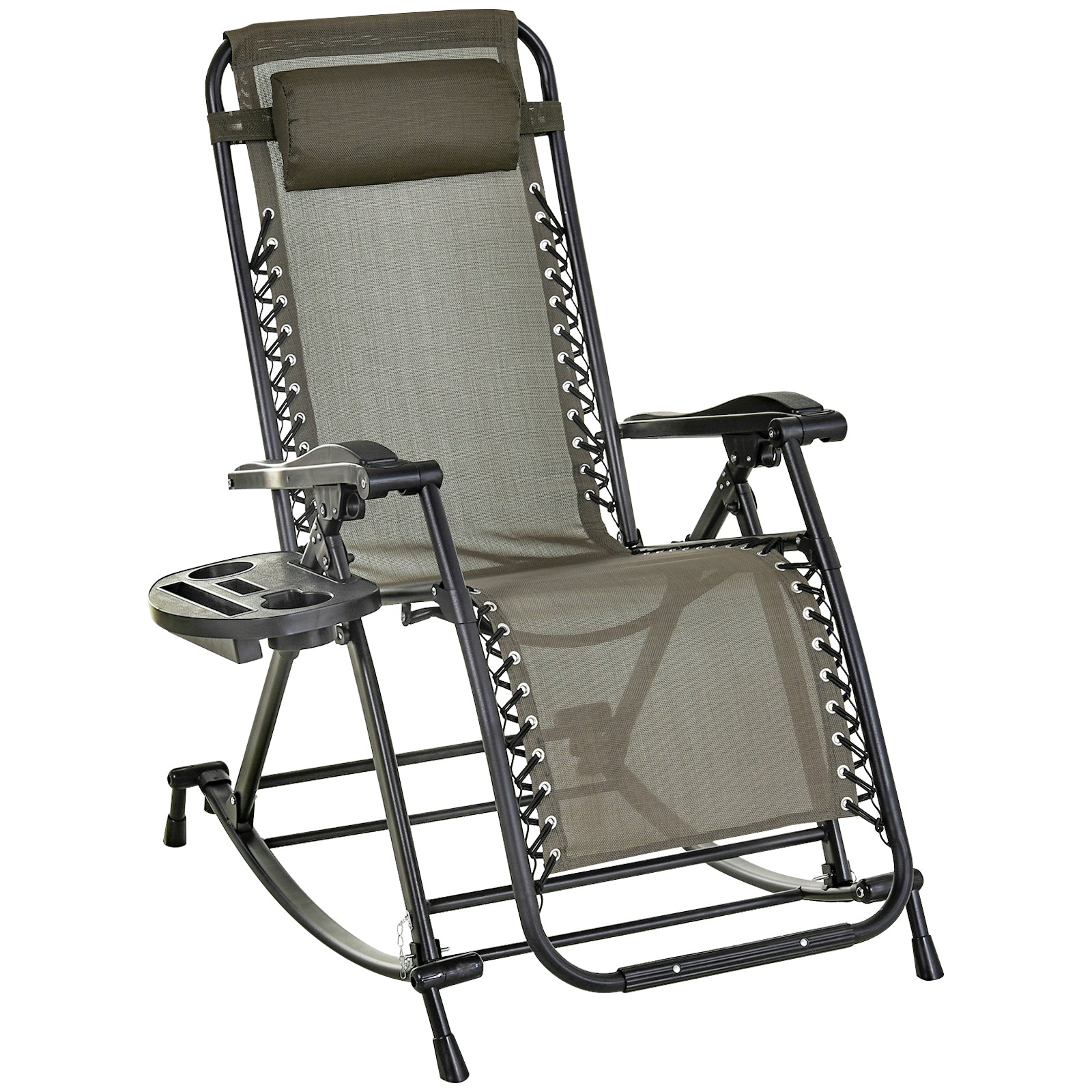 Steel gray zero gravity rocking chair with integrated side tray and headrest.