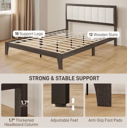 Queen-size upholstered bed frame with dark wood, white headboard, 10 support legs, and 12 wooden slats.