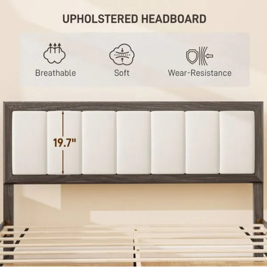 Queen-size bed frame with a 19.7" tall upholstered headboard featuring white panels and a dark wood frame.