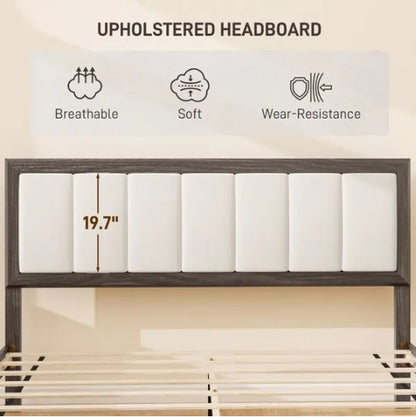 Queen-size bed frame with a 19.7" tall upholstered headboard featuring white panels and a dark wood frame.