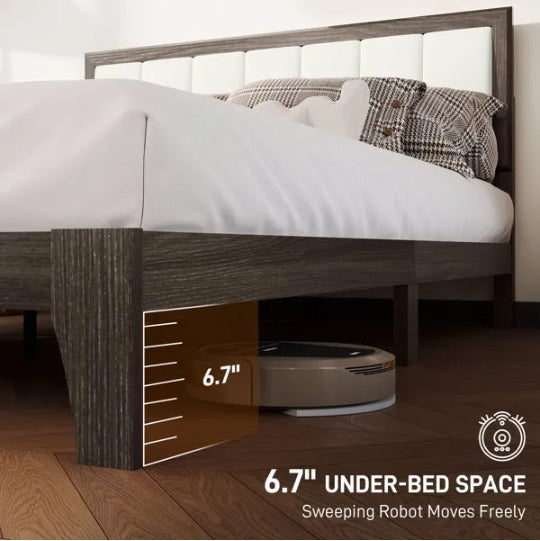 Queen-size upholstered bed frame with dark wood finish, white headboard, and 6.7" under-bed clearance.