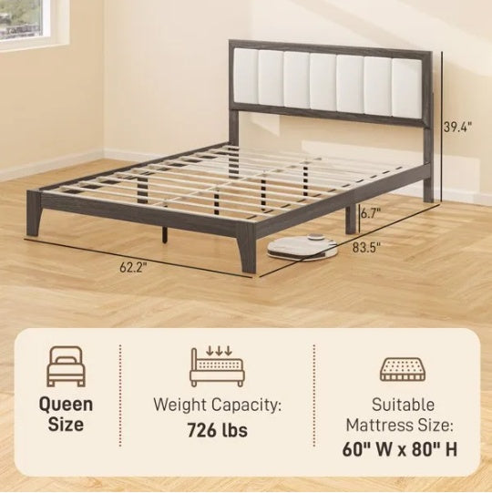 Queen-size upholstered bed frame with dark wood finish, white tufted headboard, and metal slat support.