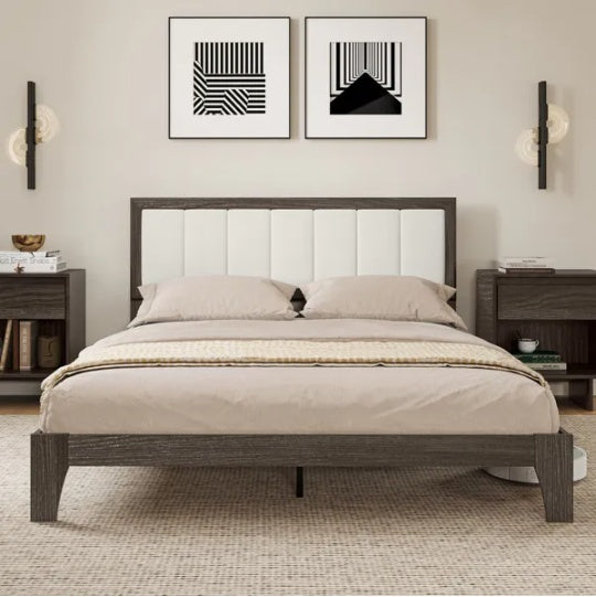 Queen-size upholstered bed frame with a dark wood finish and white padded headboard.