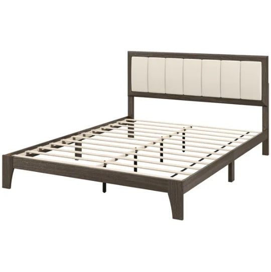 Queen-size upholstered bed frame with a dark wood finish and light beige padded headboard.