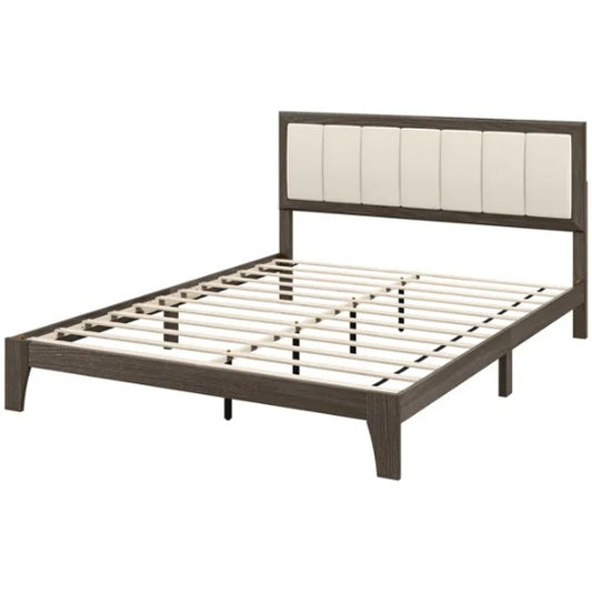 Queen-size upholstered bed frame with a dark wood finish and light beige padded headboard.