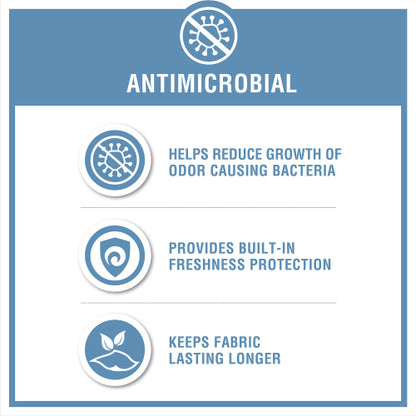 Antimicrobial icon with text: reduces odor-causing bacteria, provides freshness, keeps fabric lasting longer.