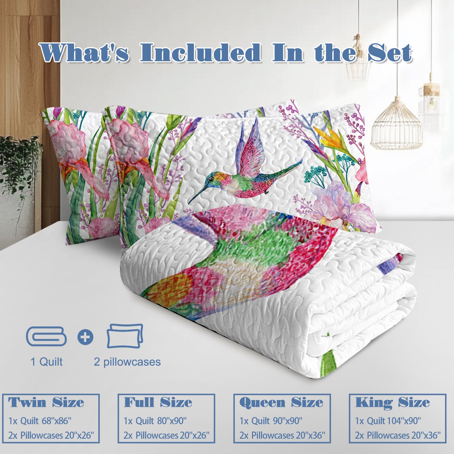 White quilted watercolor hummingbird and floral quilt set with two matching shams, available in multiple sizes.