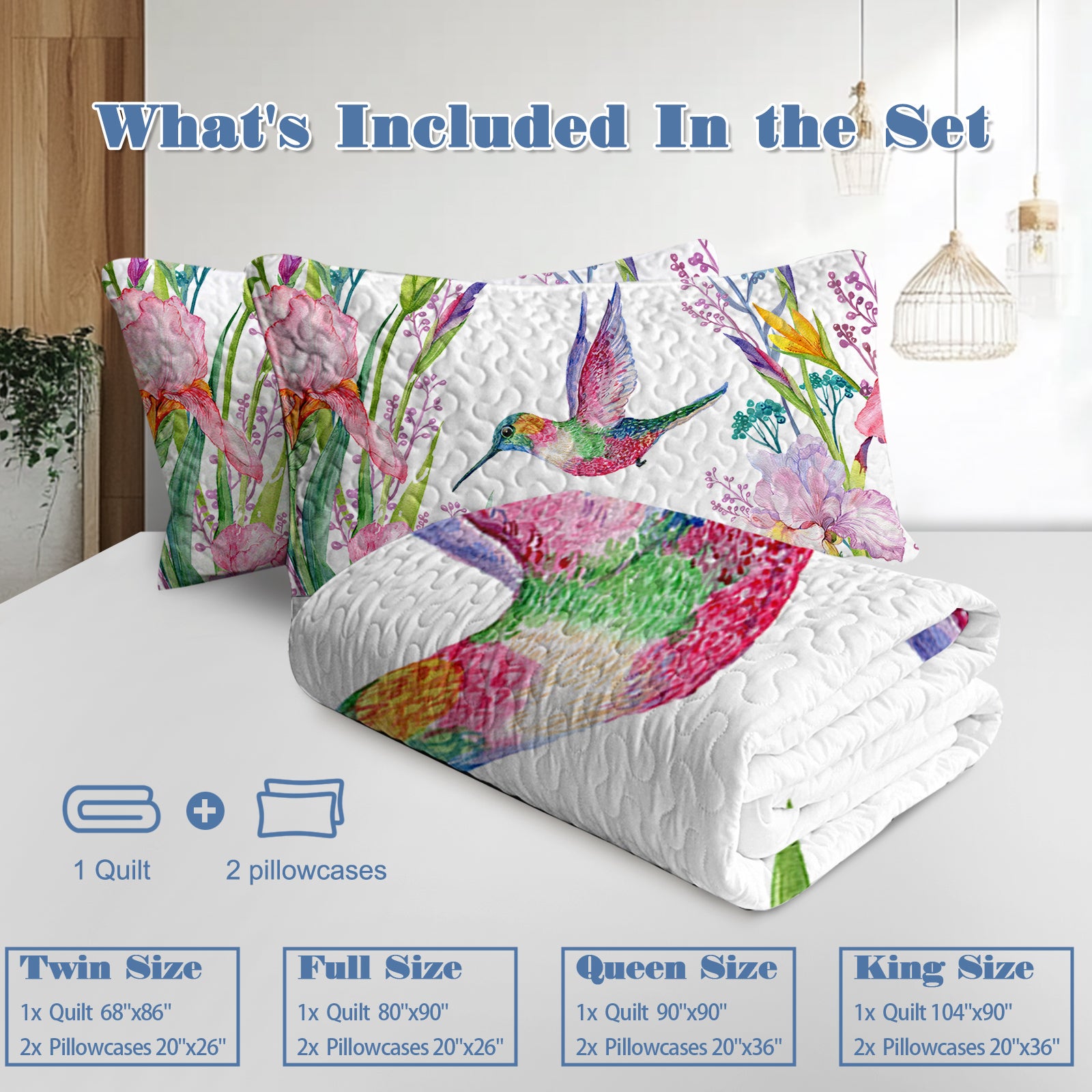 White quilted watercolor hummingbird and floral quilt set with two matching shams, available in multiple sizes.