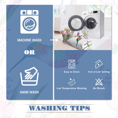 Washing tips for watercolor hummingbird quilt set: machine or hand wash, easy clean, low iron, no bleach.