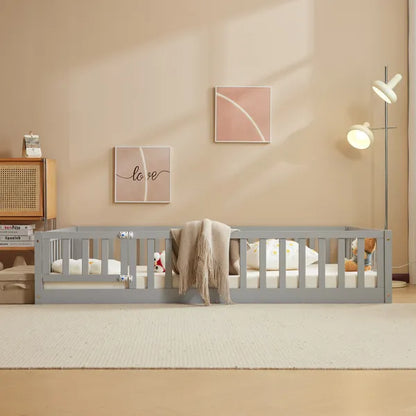 Gray pine wood full-size playpen bed with secure entry door, mattress, and blanket.