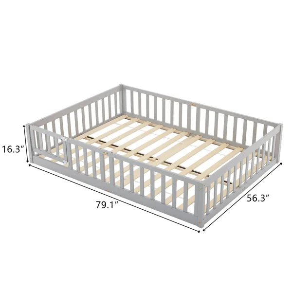 Gray pine wood full-size playpen bed with secure entry door, slatted base, and dimensions shown.