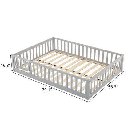 Gray pine wood full-size playpen bed with secure entry door, slatted base, and dimensions shown.