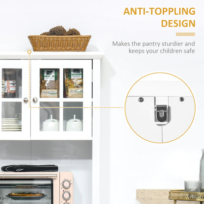 White MDF kitchen buffet hutch with framed glass doors, showing anti-toppling design detail.