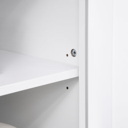 Close-up of a white MDF cabinet interior with adjustable shelves and visible screw hardware.