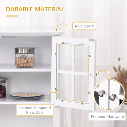 White MDF kitchen hutch with framed tempered glass door, premium hardware, and open shelves.