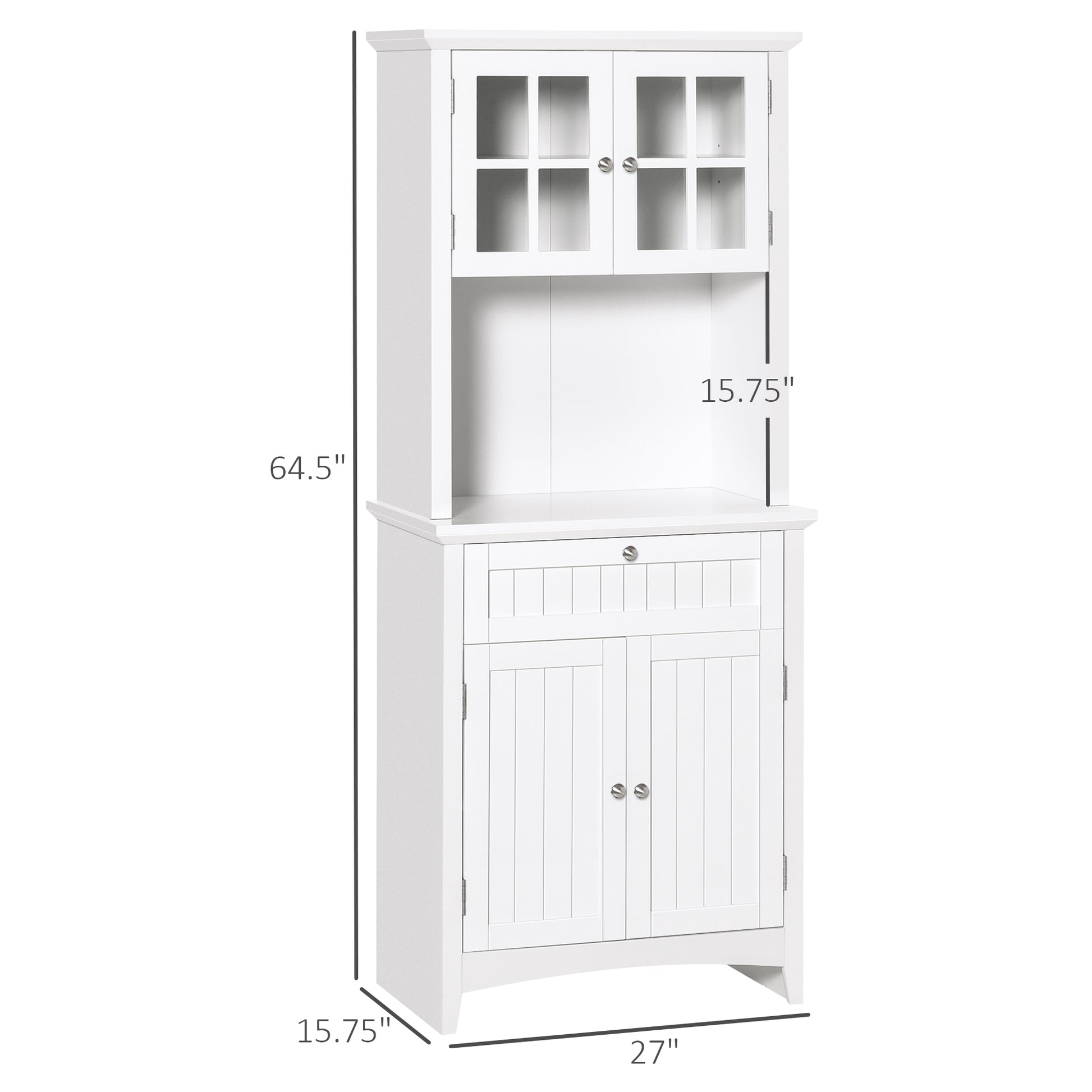 White MDF Alabaster Organizer kitchen buffet hutch with glass display doors, microwave shelf, drawer, and lower cabinet.