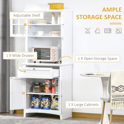 White MDF kitchen buffet hutch with adjustable shelves, glass doors, open storage, drawer, and large cabinets.